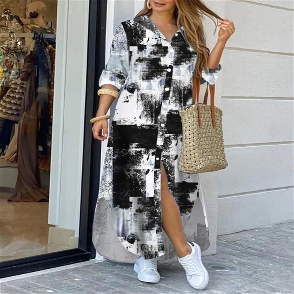 Lapel Literary Print Long Shirt Skirt Dress — Loose Single-Breasted Casual Women's Dress