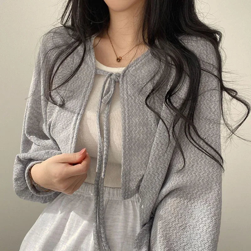 Women's Knitted Cardigan – Thin Lace-Up Lantern Sleeve Short Coat in White, Black & Gray
