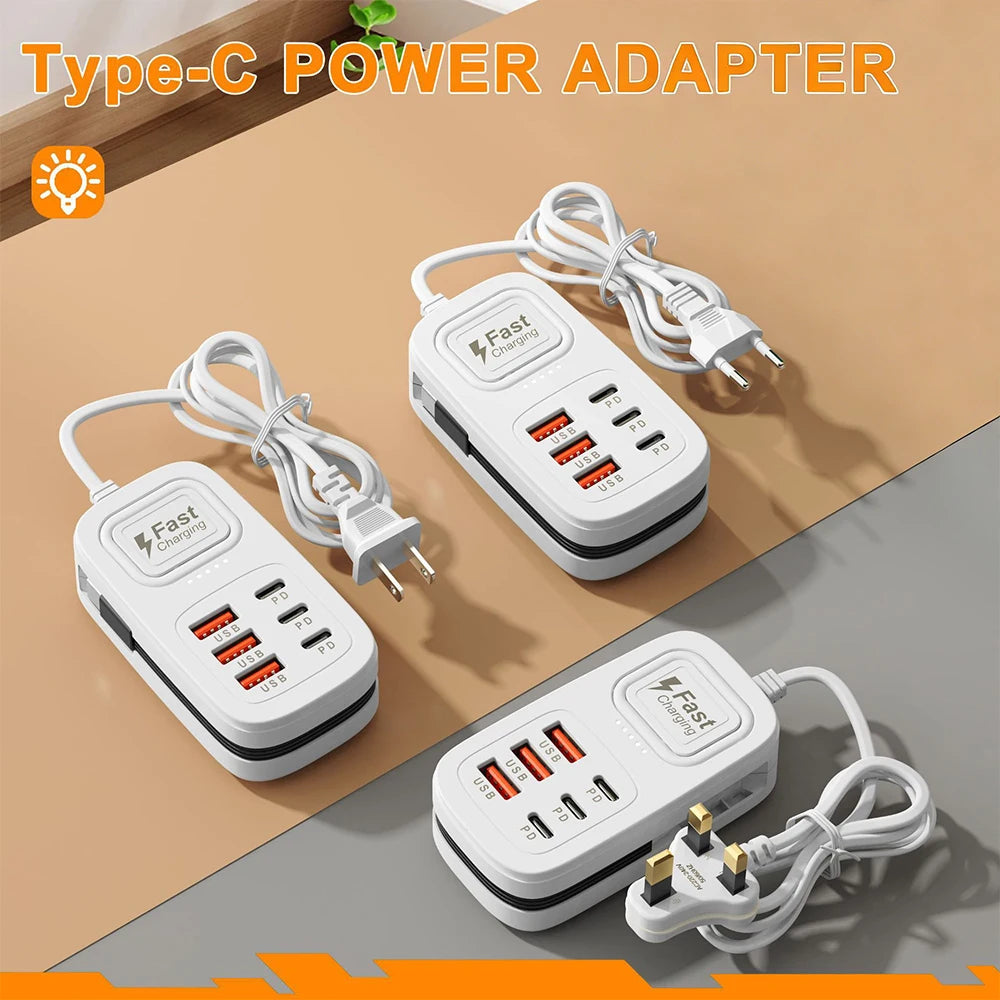 6-Port USB Fast Charging Station – 3 USB-C + 3 USB-A, Desktop Power Strip Hub, EU/UK/US Plug