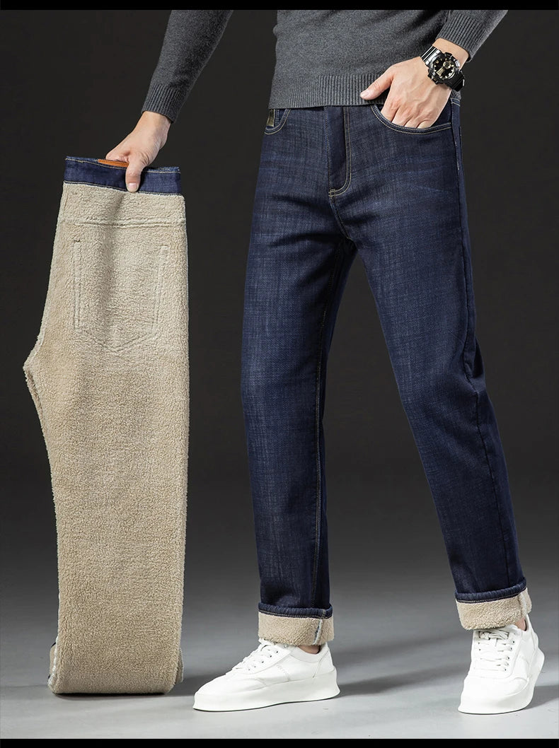Men's Fleece-Lined Straight Denim Jeans — Warm Thick Winter Stretch Jeans