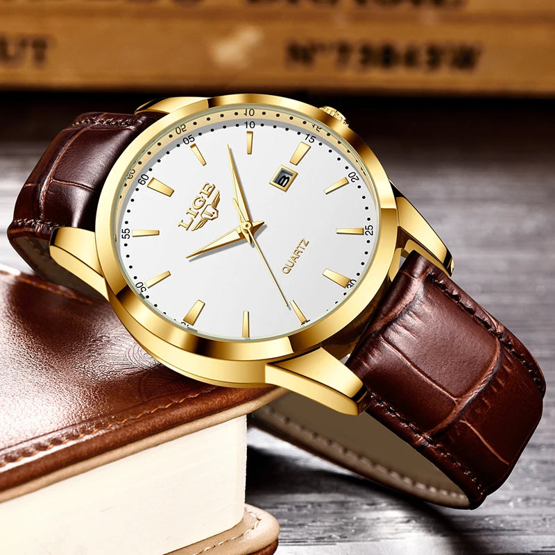 LIGE Men's Brown Leather Chronograph Watch | Military Sport Casual Waterproof Quartz Wristwatch