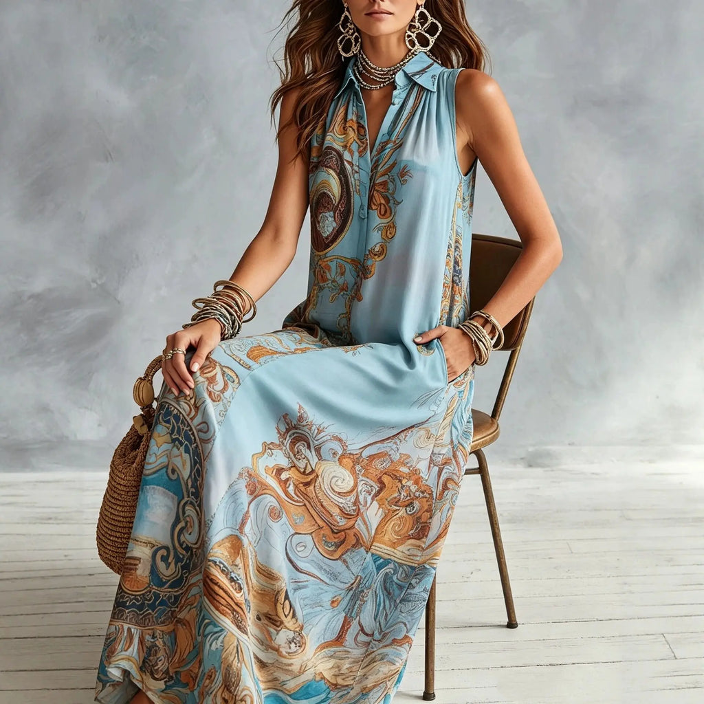 Sleeveless Digital Print Boho Maxi Dress — Turndown Collar Button-Down Casual Summer Dress