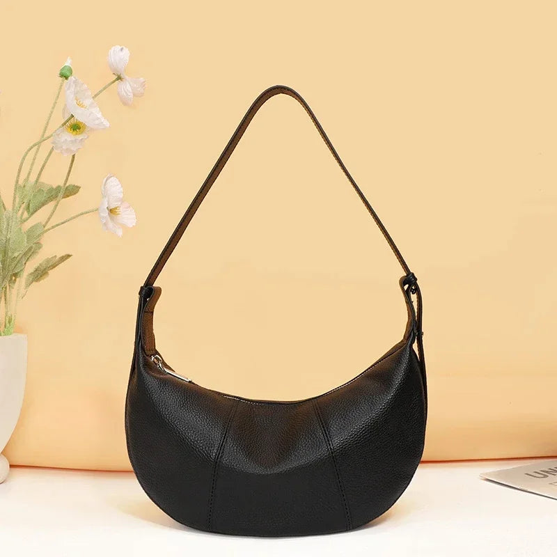 Badiman Genuine Cowhide Half-Moon Underarm Bag – Large Capacity Shoulder Crossbody Tote for Women
