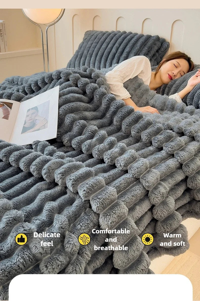 Striped Plush Blanket – Soft Faux Rabbit Fur Throw