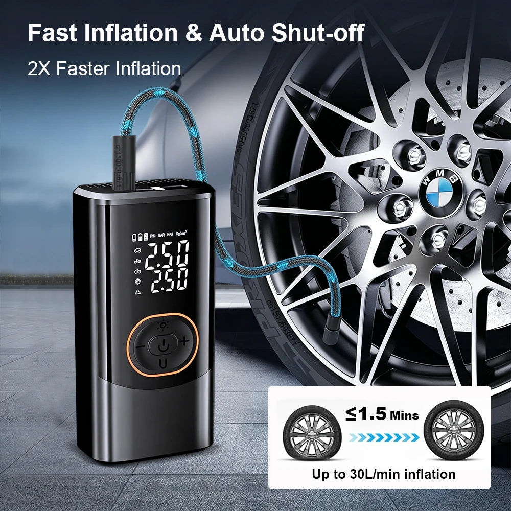 Cordless Tire Inflator with Dual Display and Auto Shutoff