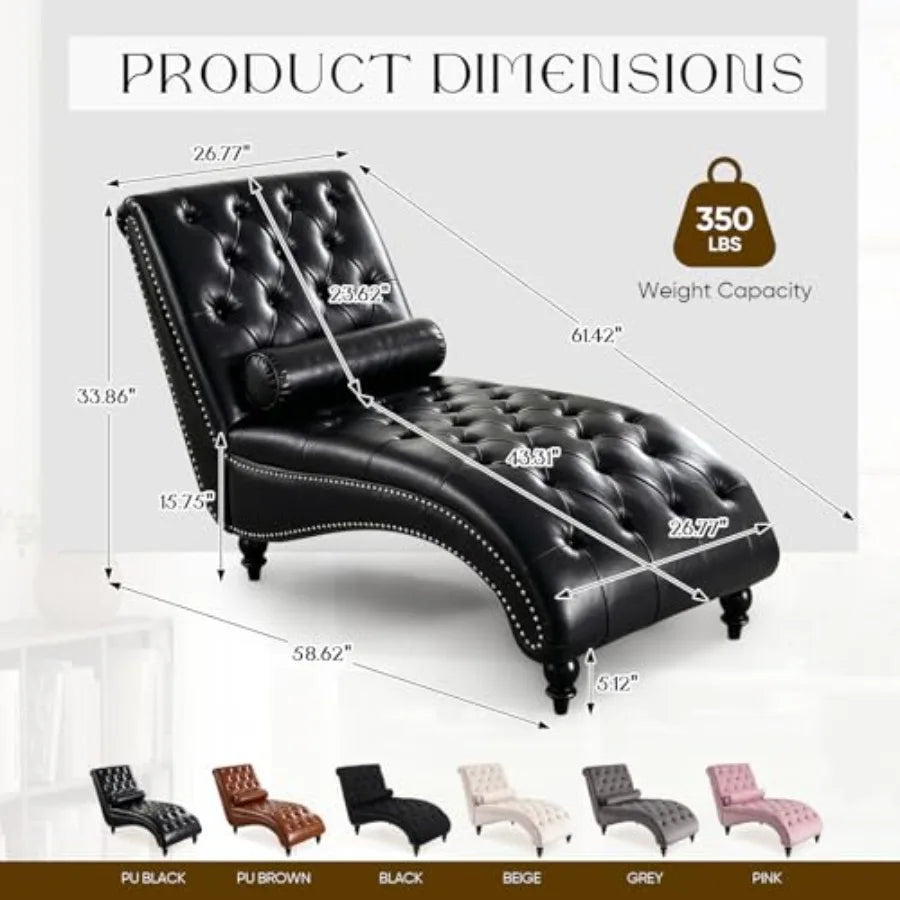 Black Faux Leather Chaise Lounge with Toss Pillow