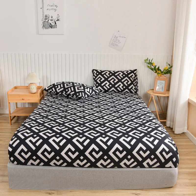 White Marble Print Fitted Bed Sheet with Elastic Band | Single, Queen & King Size, All-Around Bed Cover
