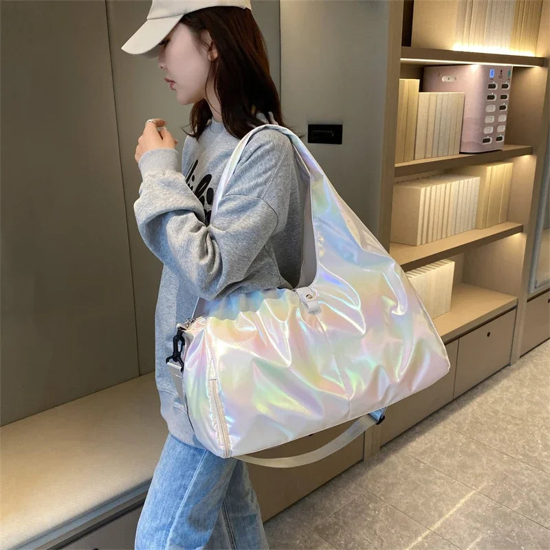 Large Capacity Gym Travel Shoulder Tote Bag – Multi-Function Ruched Cotton Handbag for Women