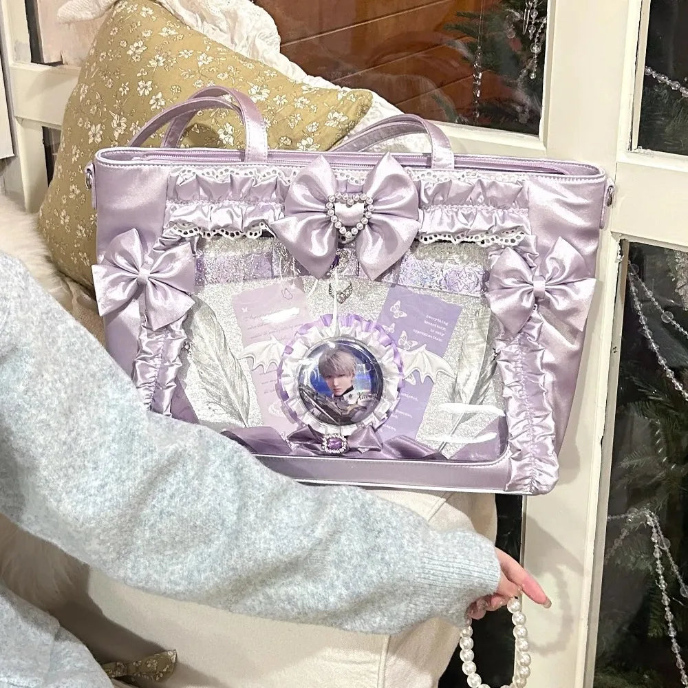 miyagawa Satin Pearl Bow Ita Bag Square Tote – Japanese Sweet High Capacity Shoulder Bag for Women