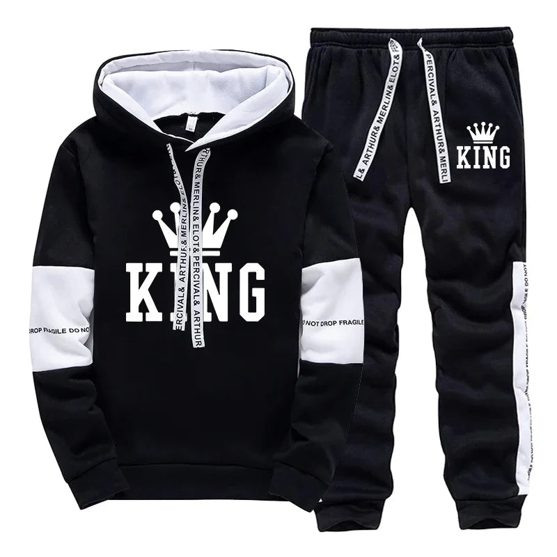King Print Men's Hoodie & Sweatpants Set – Casual Outdoor Streetwear Tracksuit