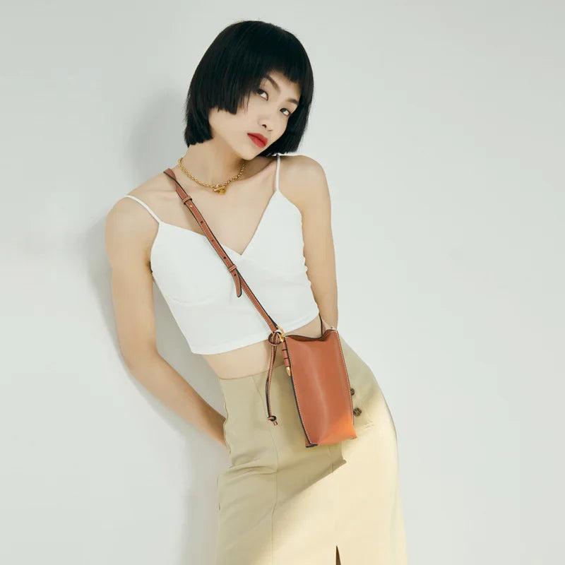 100% Genuine Cowhide Leather Mini Baguette Crossbody Bag – Phone Shoulder Bag for Women