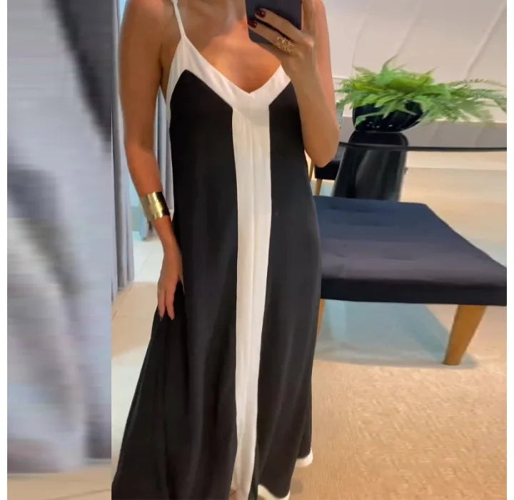 Black & White Contrast V-Neck Sleeveless Loose Long Dress — Elegant Casual Summer Dress