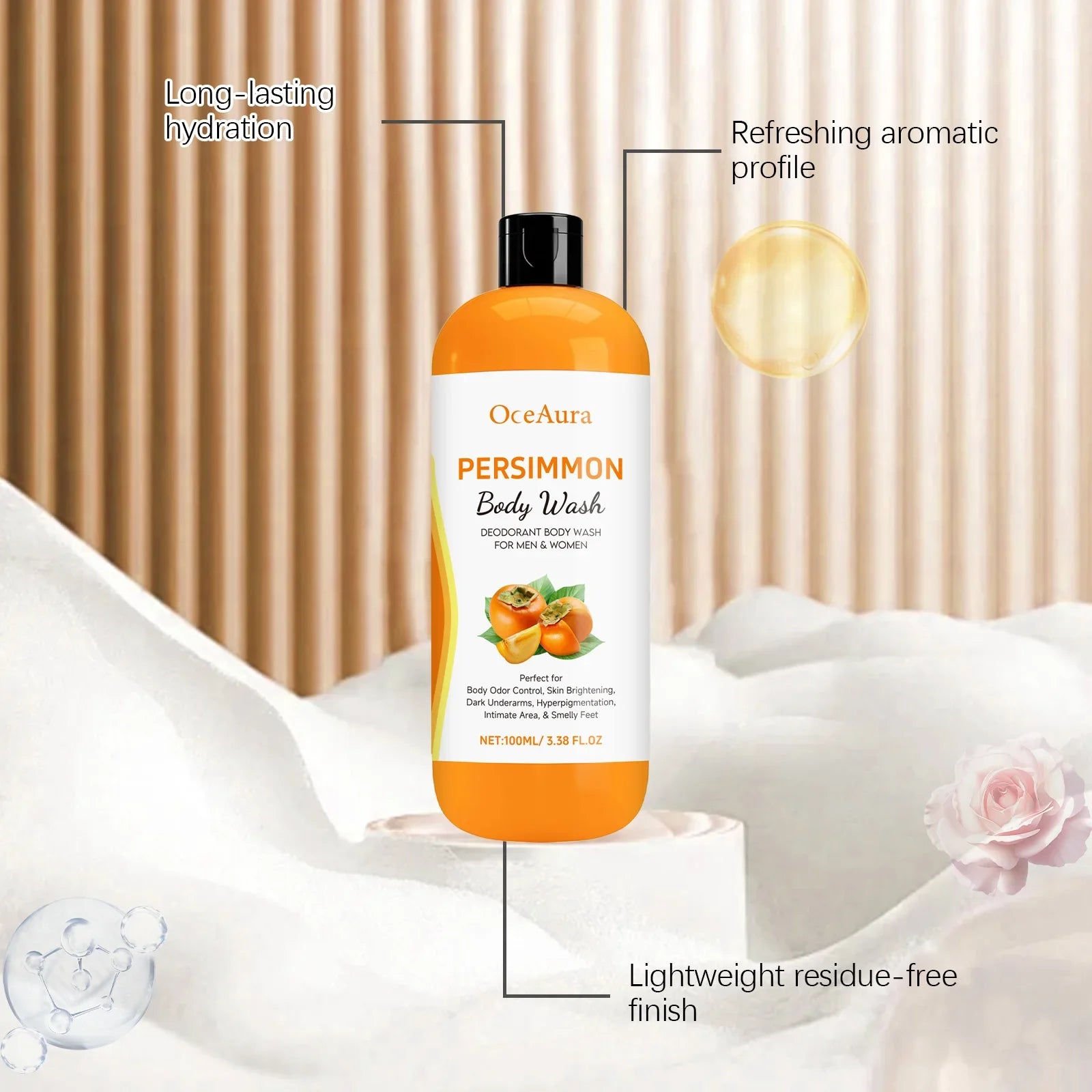 Persimmon Body Wash Gel — Gentle Cleansing, Moisturizing & Body Odor Remover Shower Gel 100ml