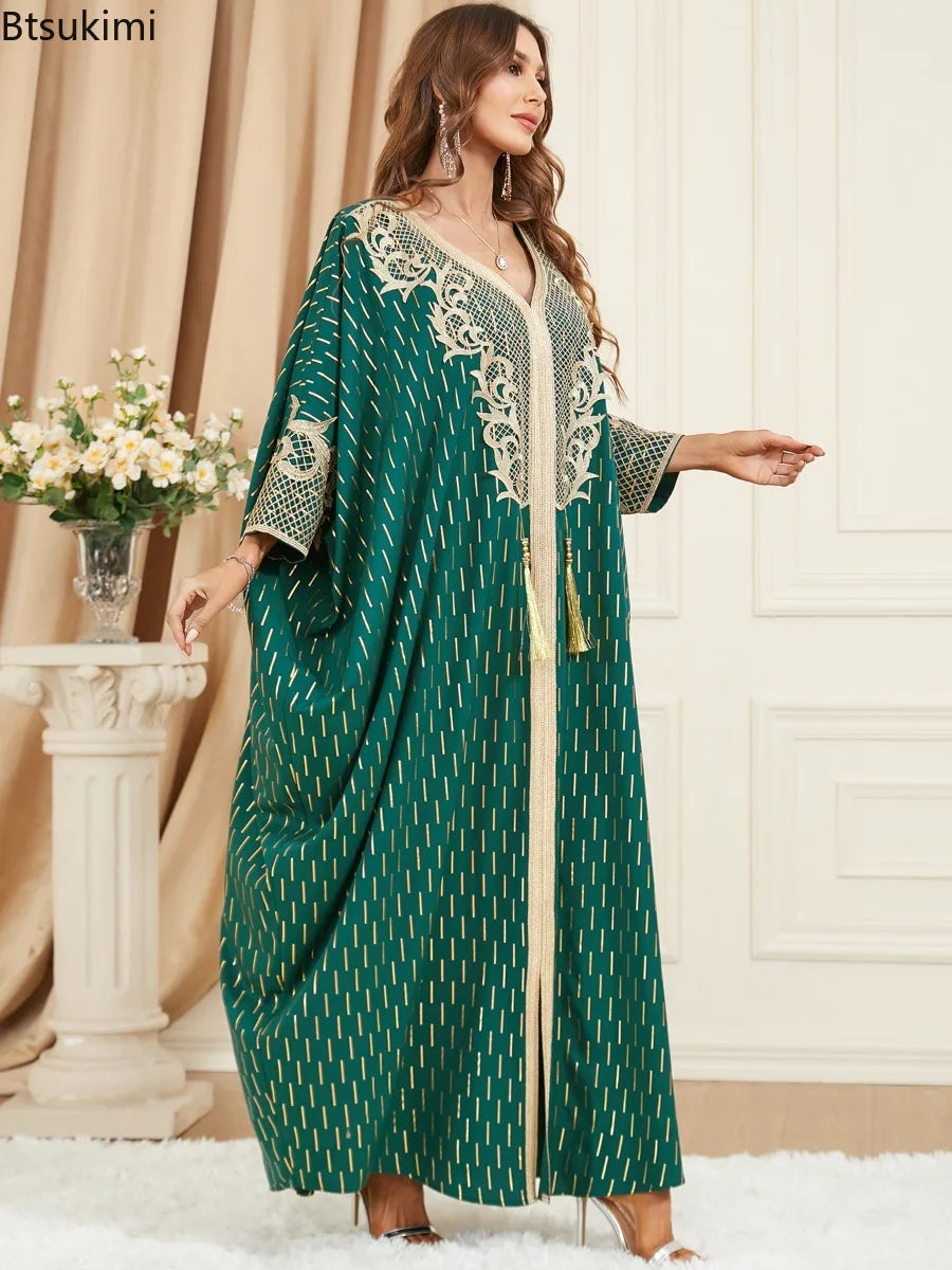 Muslim Abaya Bat Sleeve V-Neck Tassel Evening Dress — Loose Elegant Dubai Maxi Robe