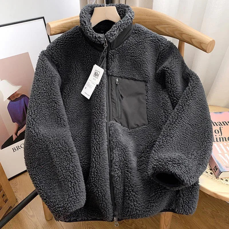 Japanese Fleece Zip Jacket – Unisex Loose Warm Lamb Wool Coat for Couples