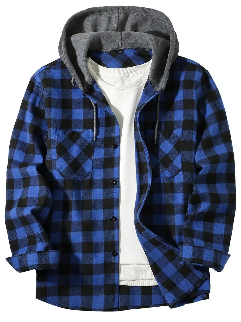 Men's Hooded Plaid Shirt Jacket – Casual Long-Sleeve Layer