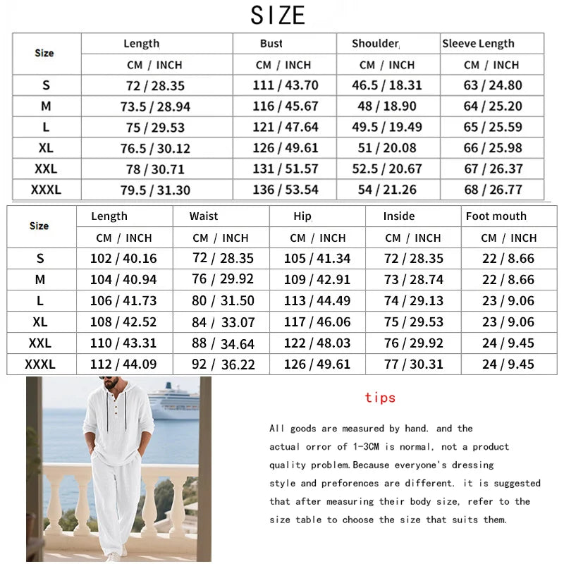 Men's Linen Casual Loose Hooded Henley Shirt & Long Pants Set – Relaxed Autumn 2-Piece Suit