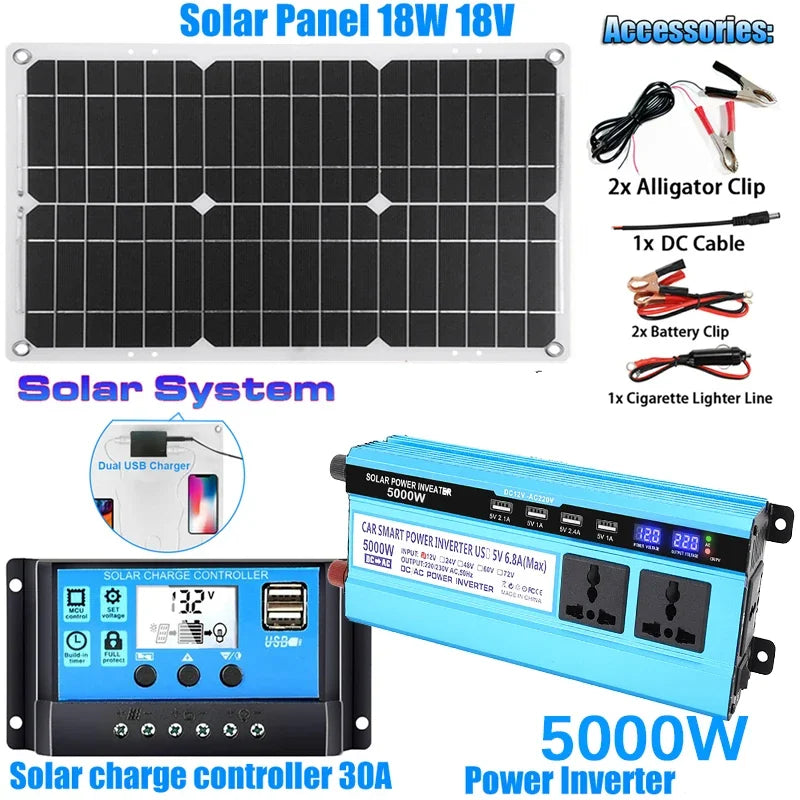 5000W Solar Panel Kit – Modified Sine Wave 12V to 220V System with 30A Charge Controller