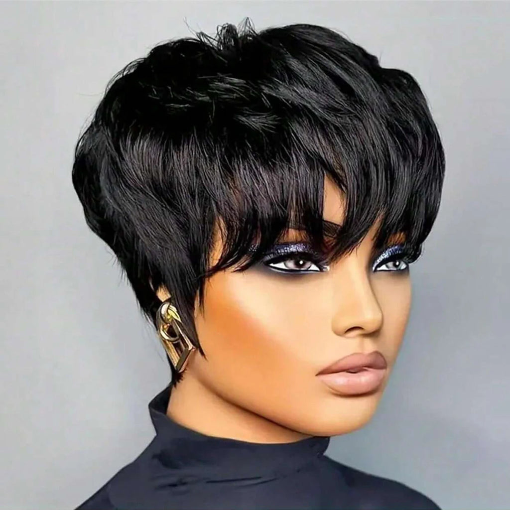 Short Pixie Cut Bob Wig for Black Women | Glueless Synthetic Lace Front Wig with Bangs