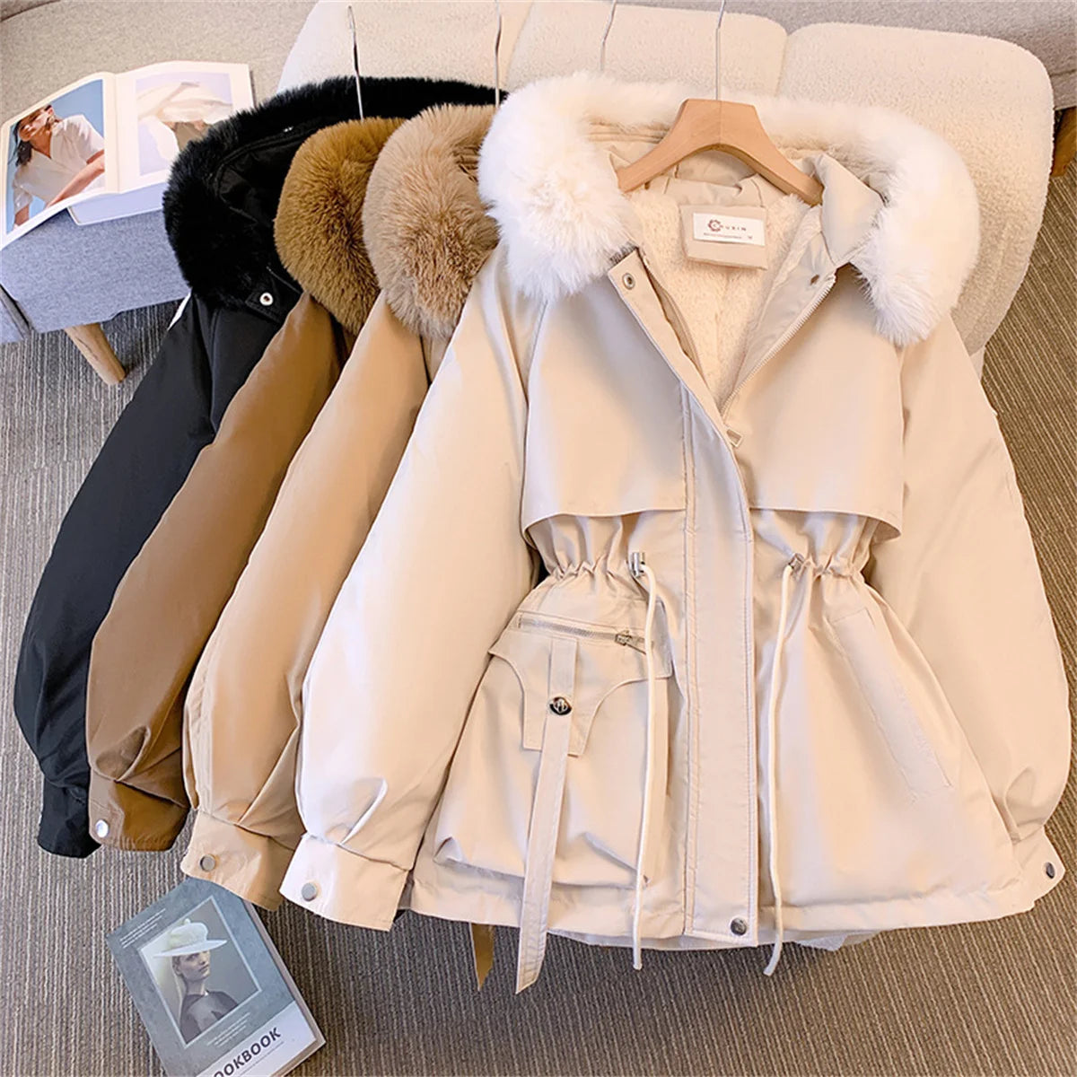 Women's Korean Hooded Padded Parka – Thick Zip-Up Drawstring Winter Coat