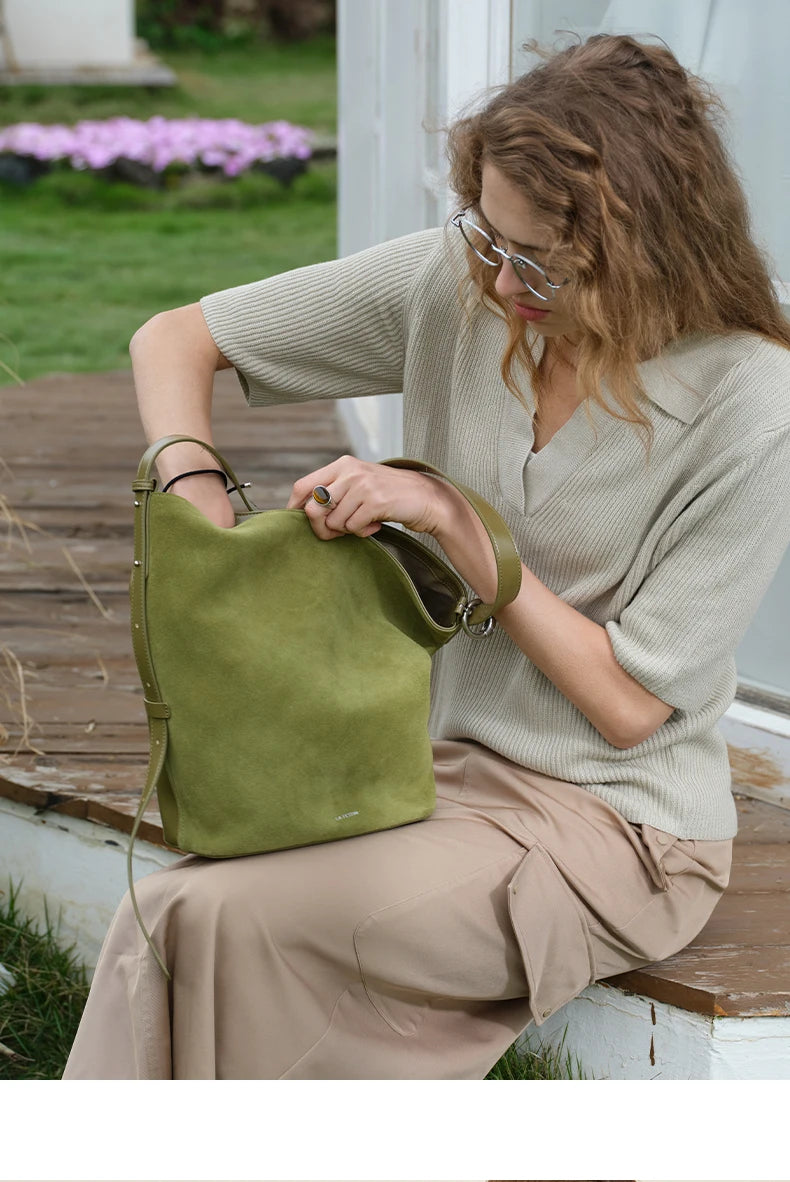 LA FESTIN Genuine Leather Bucket Bag – Designer Crossbody Shoulder Handbag for Women