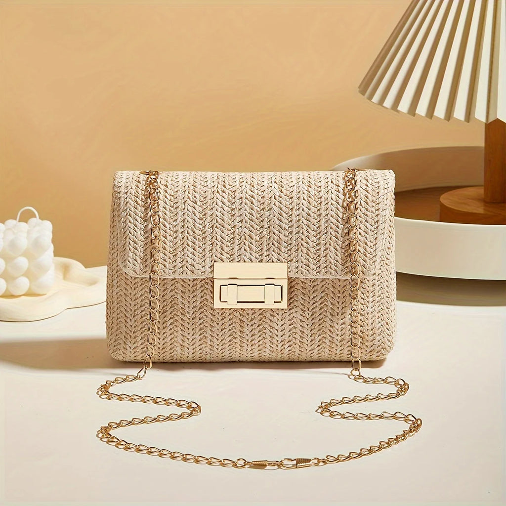 Woven Straw Shoulder Bag – Handwoven Crossbody Purse with Lock Closure for Women
