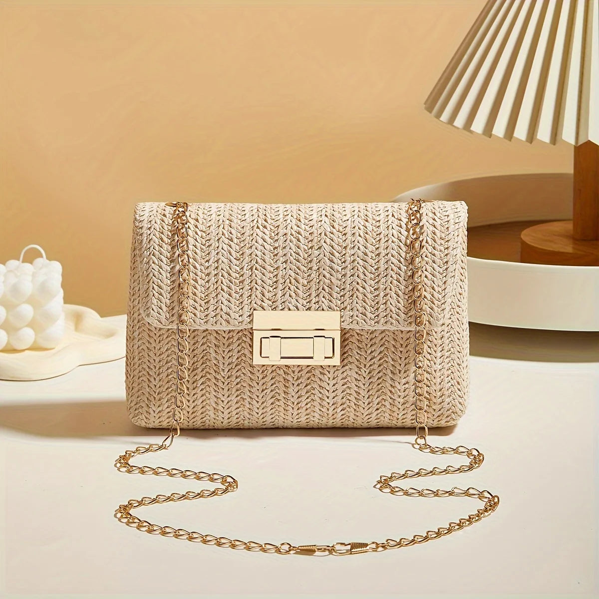 Woven Straw Shoulder Bag – Handwoven Crossbody Purse with Lock Closure for Women