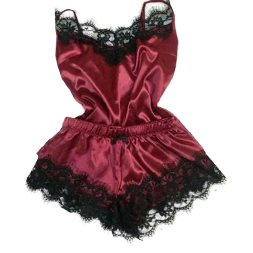 Women's Summer Lace Silk Pajama Set | Cami Top & Shorts Sexy Lingerie Sleepwear