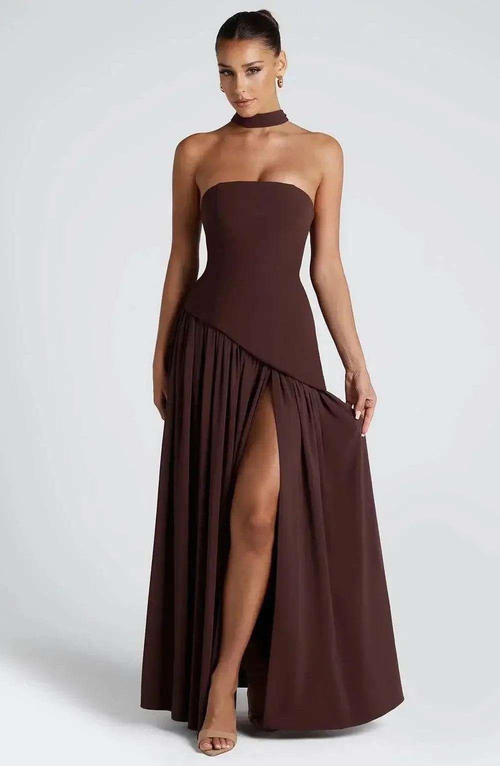 Pleated Off-Shoulder Maxi Dress — High Slit Scarf Slim Fit Evening Party Dress