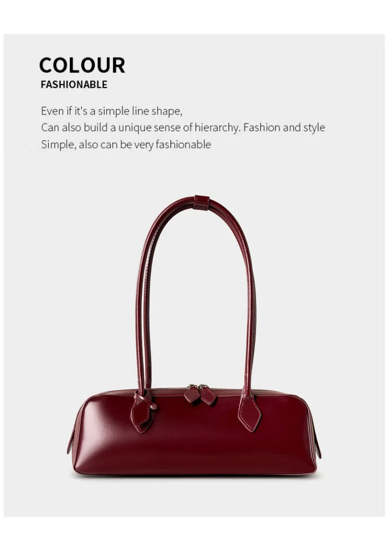 Vintage Genuine Leather Baguette Shoulder Bag – Korean Luxury Underarm Handbag for Women