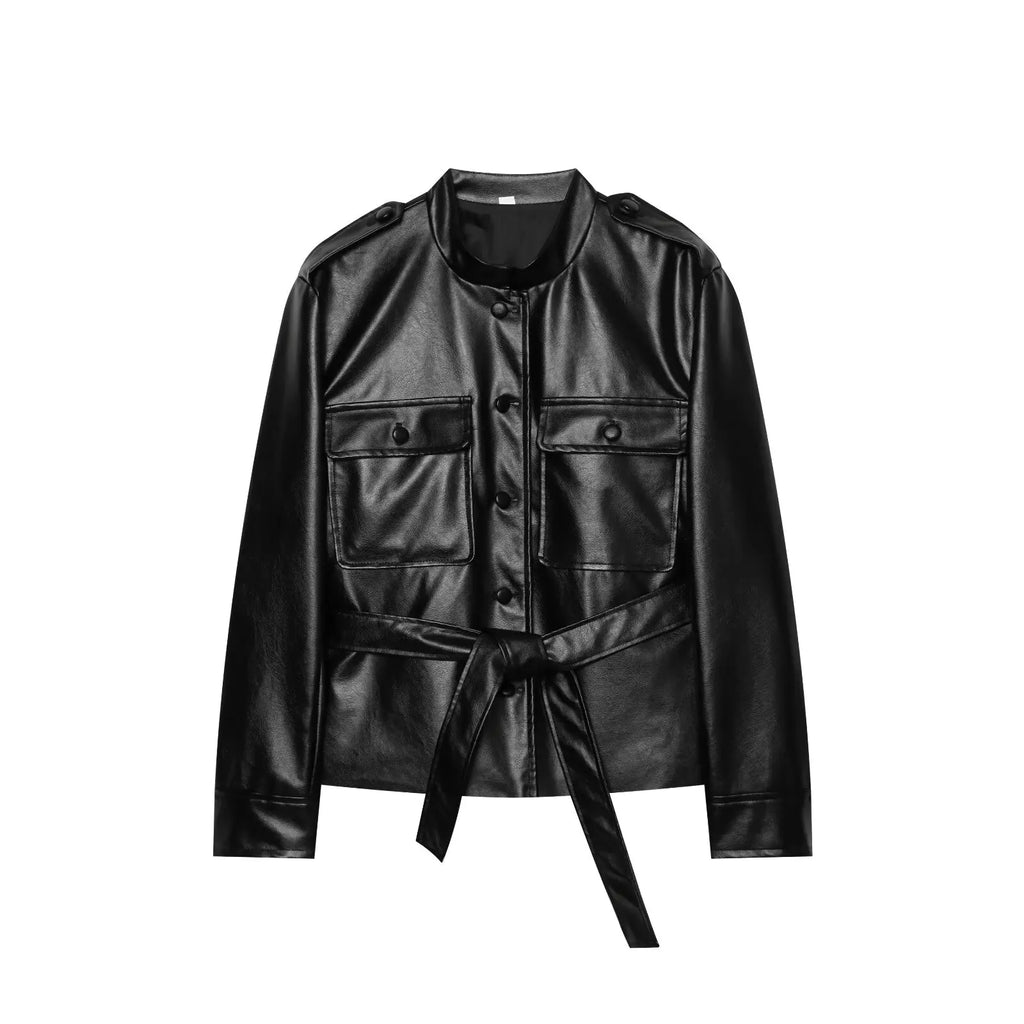 Women's Belted Jacket – Stand Collar Button Front