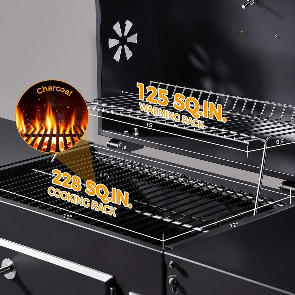 Portable Outdoor BBQ Grill | 353 Sq. In., Foldable Side Tables, 3-Level Charcoal Tray, 360° Wheels, Removable Ash Collector