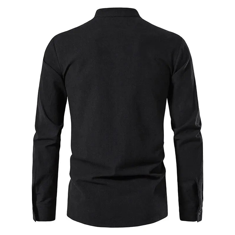 Men's Cotton Linen Drawstring Long Sleeve Shirt — Vintage Casual US Size Top
