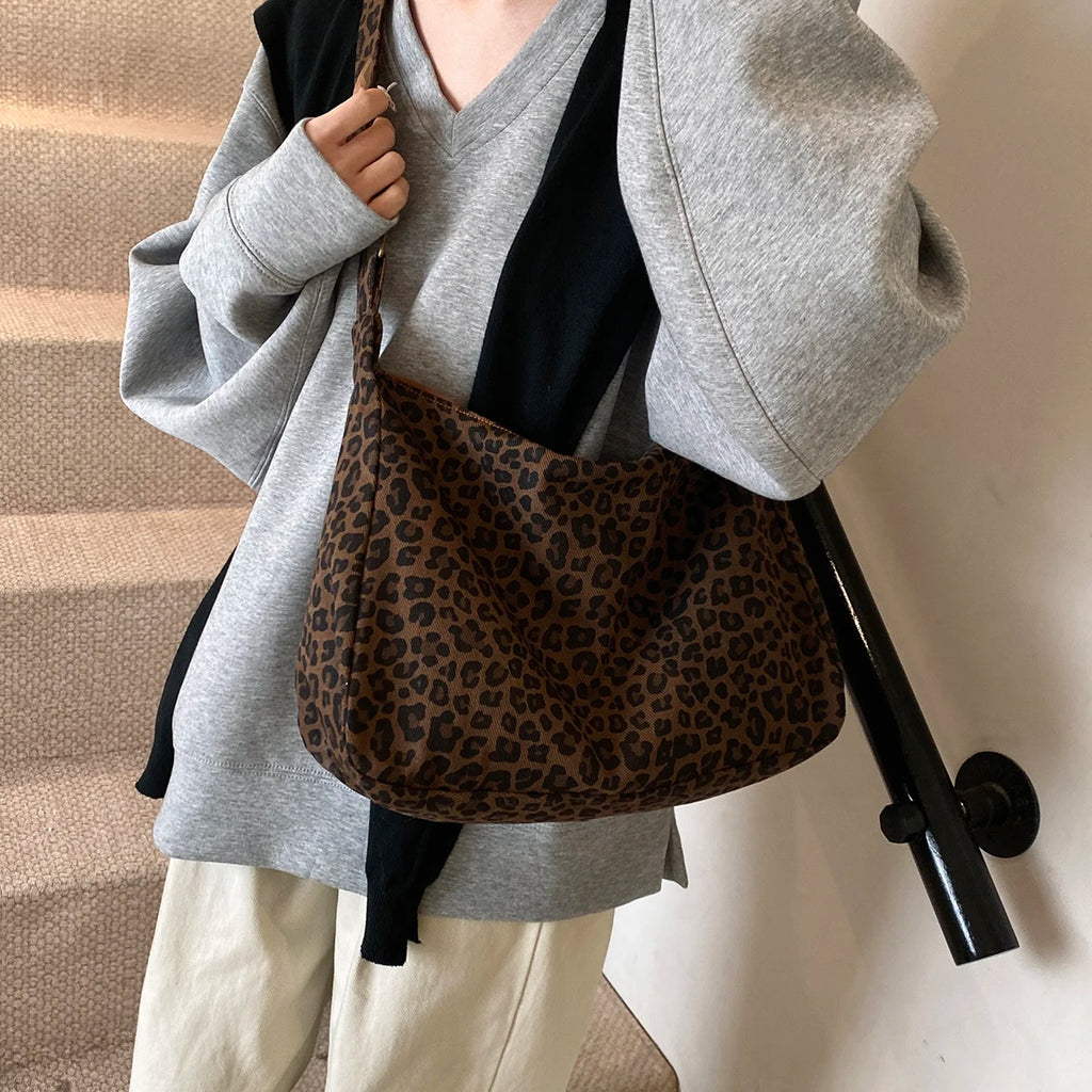 Leopard Print Crossbody Bag – Large Capacity Retro Soft Textile Shoulder Bag for Women
