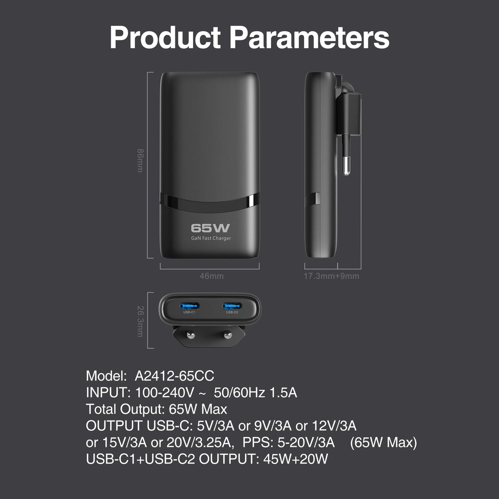 65W Flat GaN USB-C Charger — Ultra-Slim Fast Charging Adapter for Laptop, Phone & Tablet