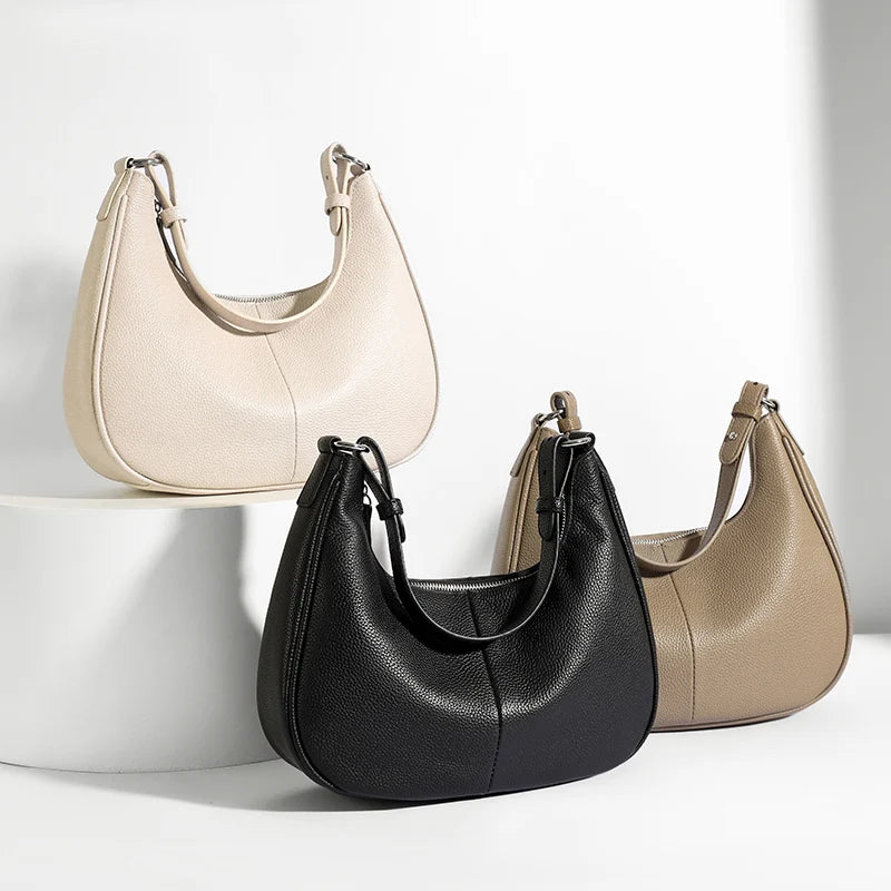 100% Genuine Cowhide Leather Half-Moon Underarm Tote Bag – Crossbody Shoulder Bag for Women