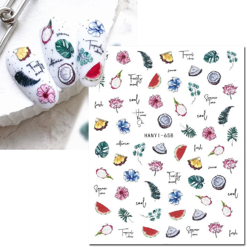 3D Summer Tropical Nail Art Sticker Decals — Palms, Butterflies & Flowers