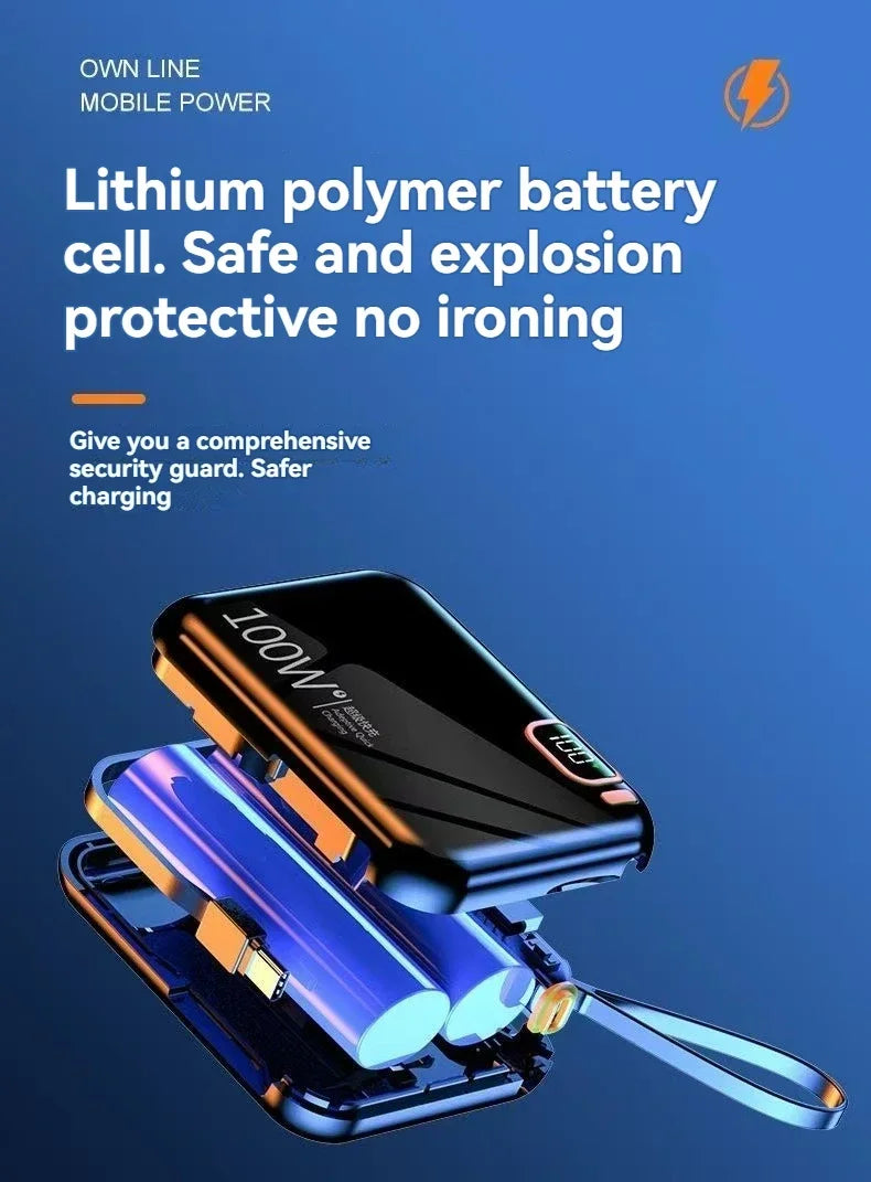 66W Portable Mini Power Bank 20000mAh – Built-in Cable, PD Fast Charging for iPhone & Android