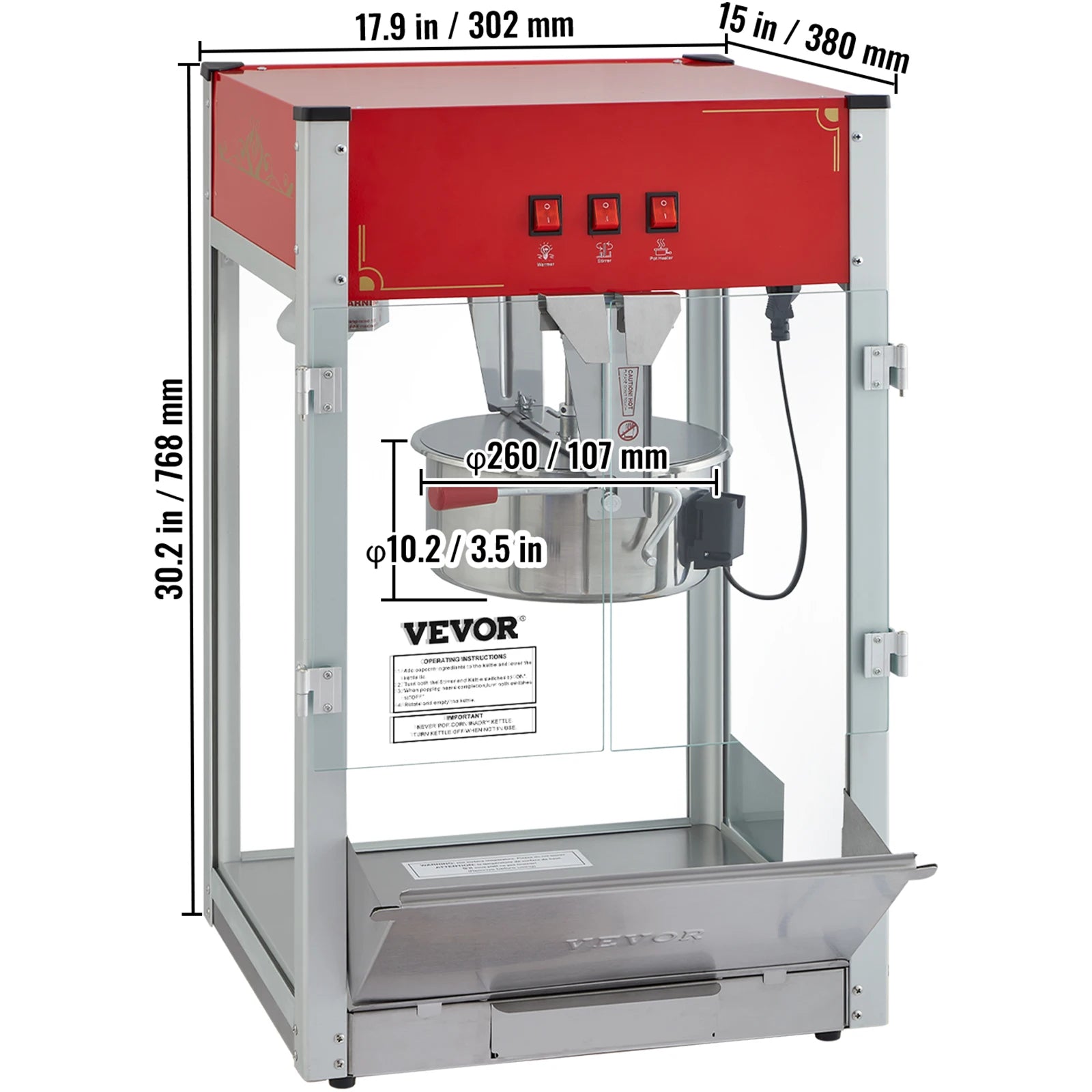 Commercial Electric Popcorn Maker 8/12oz — Automatic Popper with SUS304 Heating Tube