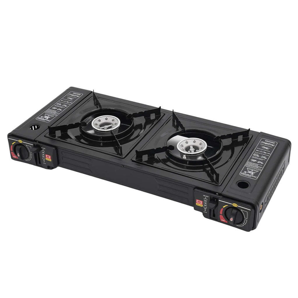 2-Burner Portable Camping Stove — 2500W Each, Butane/LPG, Piezo Ignition, Carry Case Included