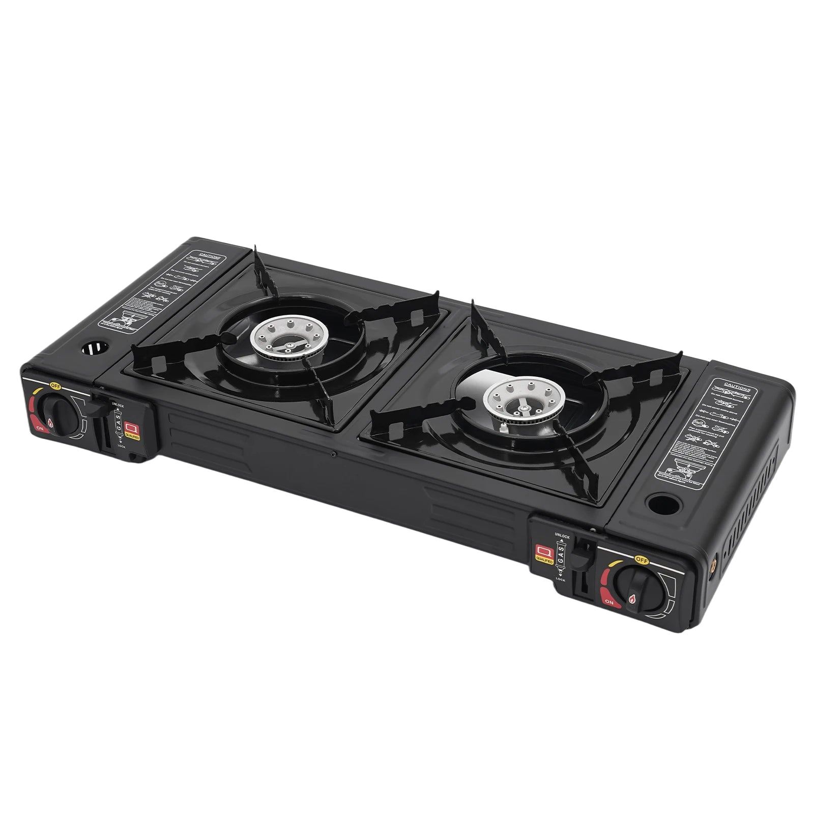 2-Burner Portable Camping Stove — 2500W Each, Butane/LPG, Piezo Ignition, Carry Case Included
