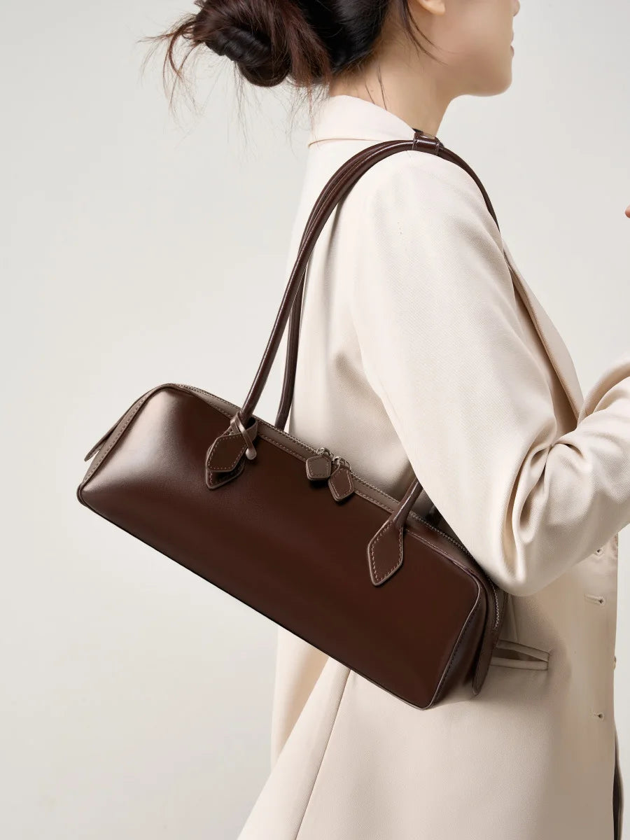 Vintage Genuine Leather Baguette Shoulder Bag – Korean Luxury Underarm Handbag for Women