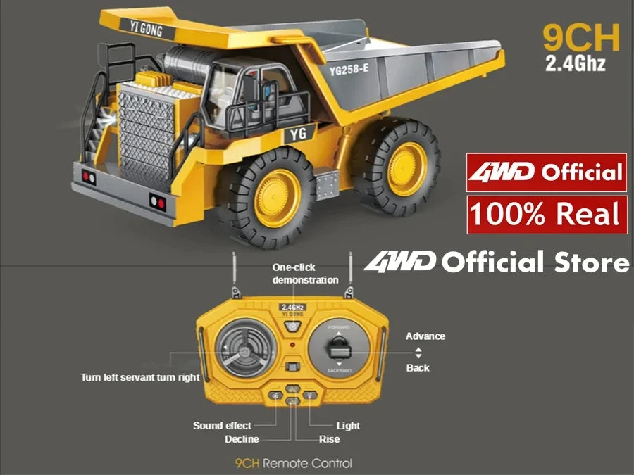 4WD RC Construction Truck with Light & Sound – Remote Control Excavator, Dump Truck & Bulldozer