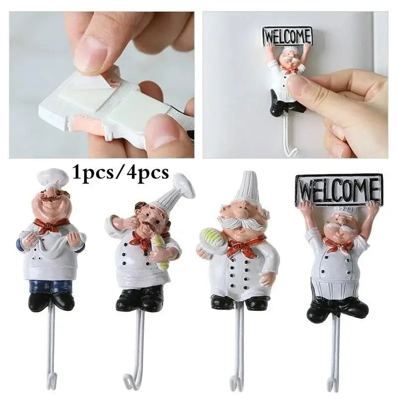Chef Cartoon Wall Hook – Self-Adhesive Kitchen Utensil Hanger for Towels, Tools & More