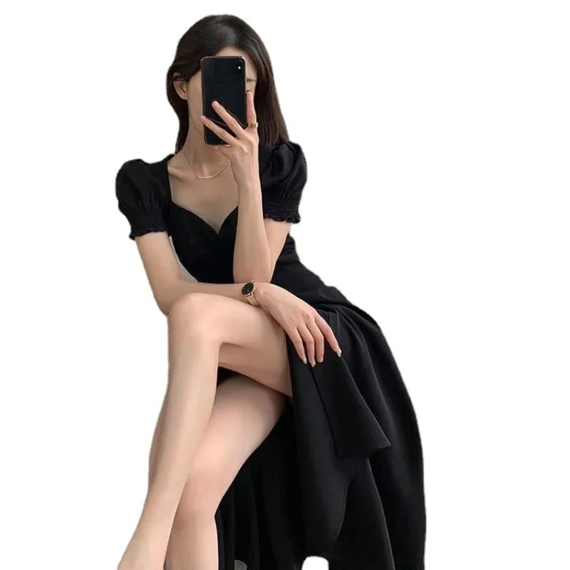 V-Neck Puff Sleeve A-Line Maxi Dress — Side Slit Slim Evening Party Dress