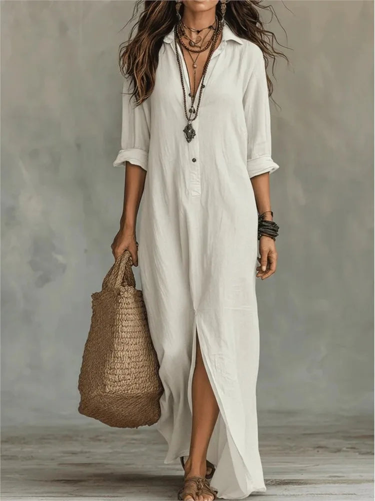 Women's Casual Long Sleeve Loose Maxi Dress – Solid Color Turn-Down Collar Beach & Elegant Dress