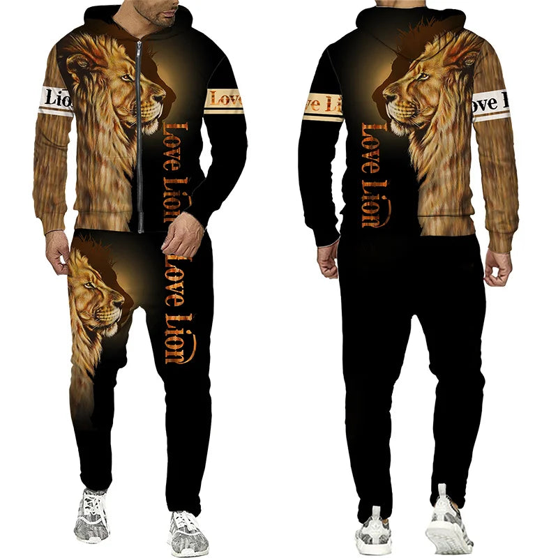 Men's 3D Lion Print Zip-Up Hoodie & Elastic Waist Pants Tracksuit Set