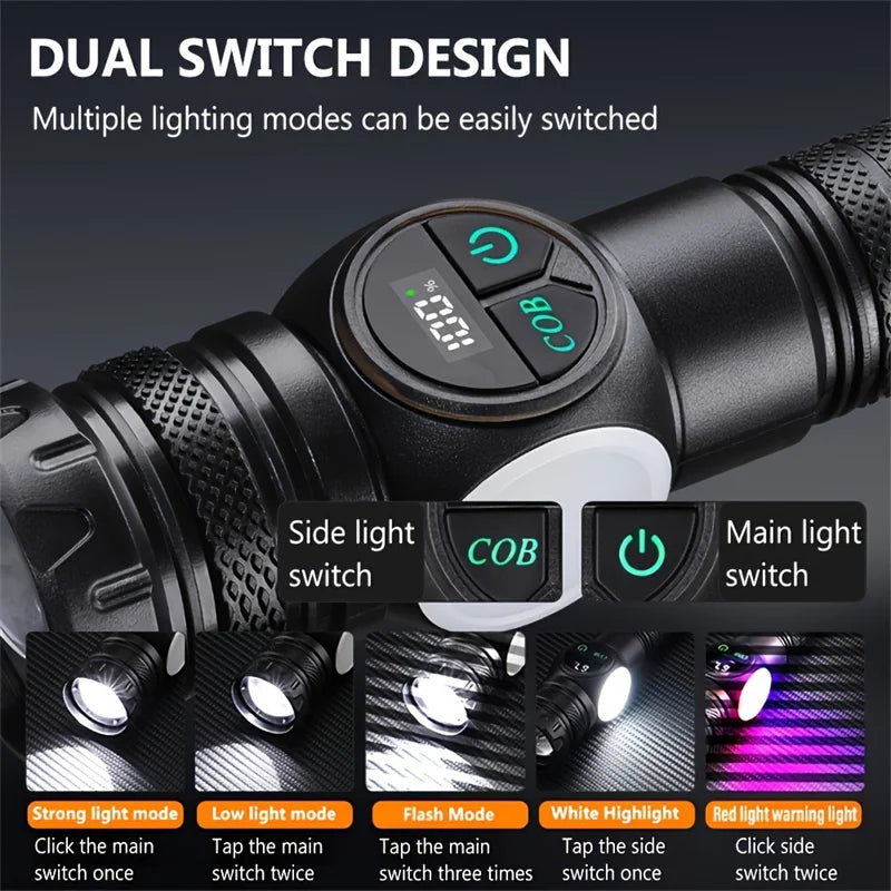 Magnetic Tactical LED Flashlight with COB Side Light – USB Rechargeable, 5 Modes, Zoomable