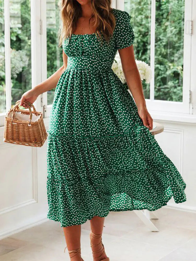 Women's Vintage Floral Puff Sleeve Maxi Beach Dress – Square Collar Casual Long Dress