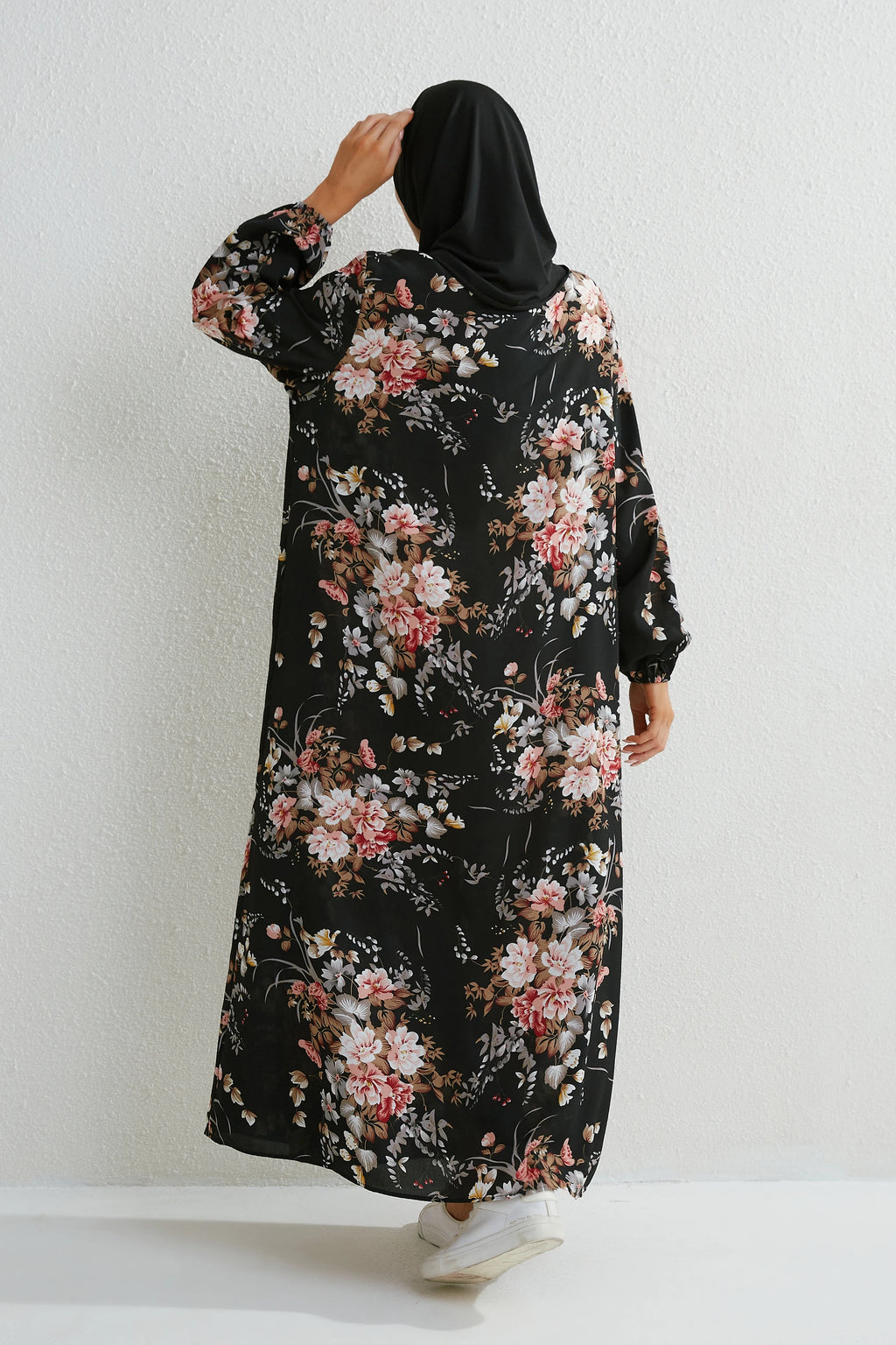 Muslim Floral Printed Full Sleeve Maxi Robe — Loose Modest Long Casual Dress